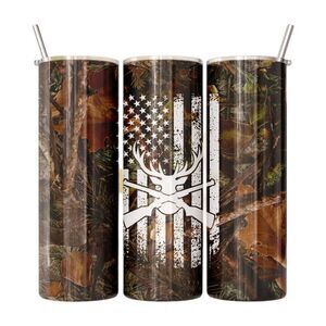 Deer Hunter Camo and Flag 20 Oz Skinny Metal Tumbler w/Lid and Straw